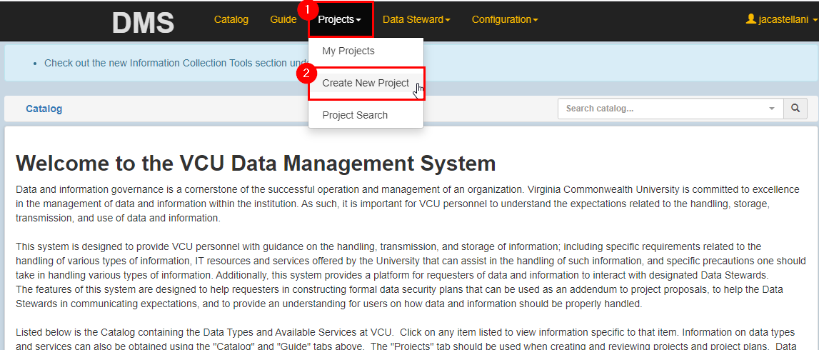 A picture of DMS homepage with the 'Create New Project' button highlighted.
