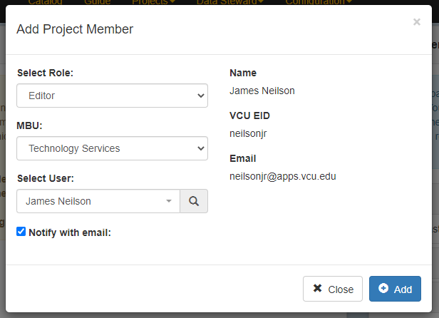 A picture of the user role screen.