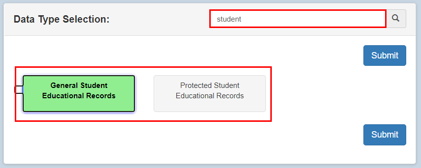 The screenshot highlights two data types and displays the search feature.