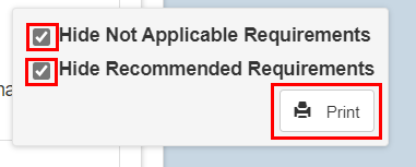 The hide requires and recommendation pop-over menu has red boxes highlighting the check boxes and the print option.