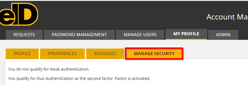 A picture of the EID page with 'manage security' highlighted.